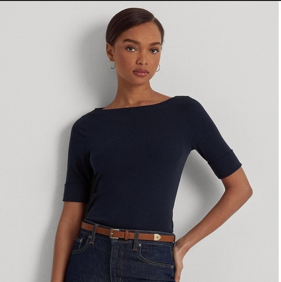 EUC Ralph Lauren Stretch Cotton Blend Boat Neck Short Rolled Sleeve Navy Shirt - Picture 3 of 10